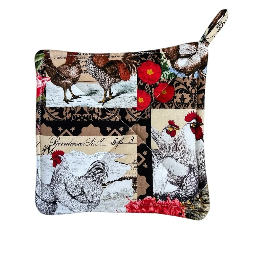 Hand Crafted Farmhouse Red Roosters Potholders Set Fabric Hot Mats Trivet